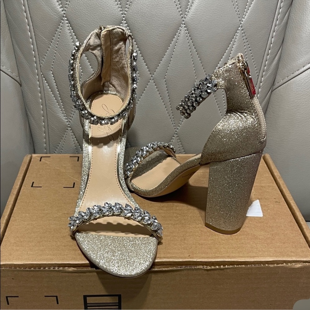 Gold Glitter Jewel Badgley Mischka Mayra Block Heel Sandals with Crystal Straps